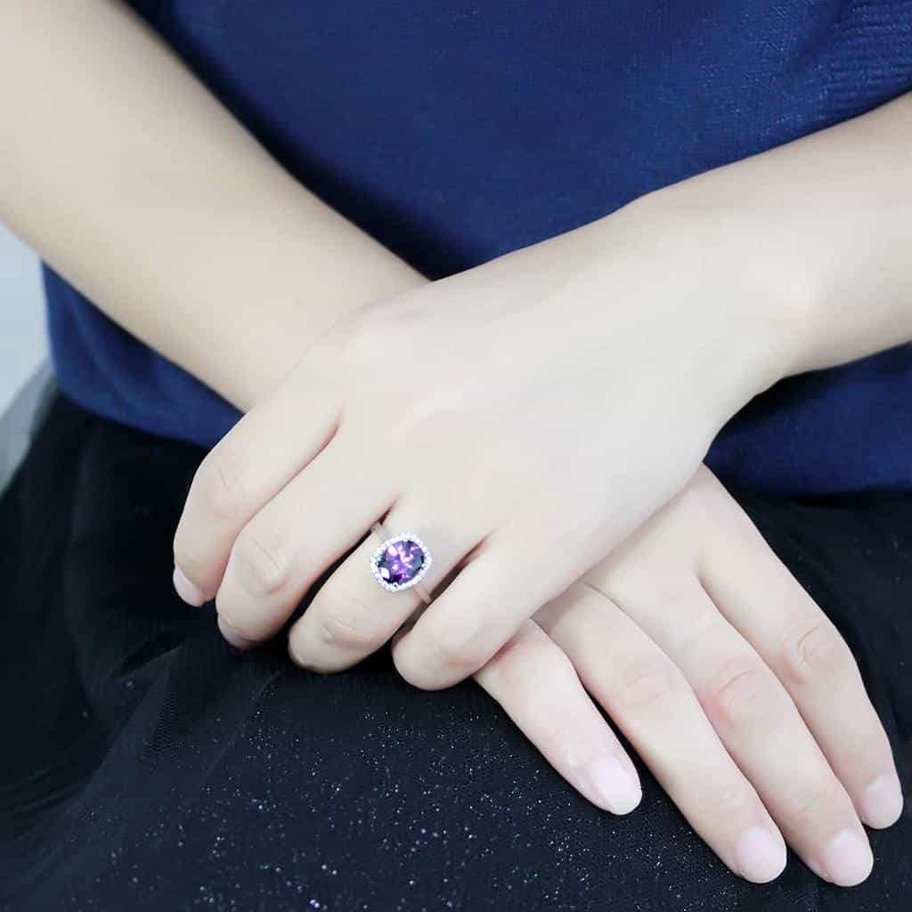 Stainless Steel Purple Amethyst Oval CZ Pave Halo Classic Ring view 10