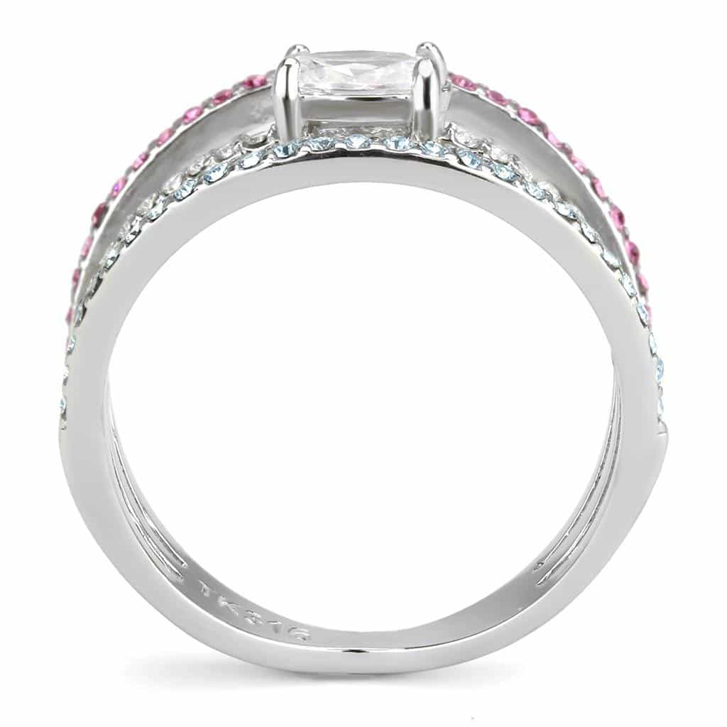Stainless Steel Multi Color Pink Blue CZ Pave Triple Band Ring view 6