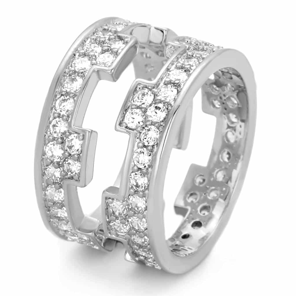 Brass Silver CZ Pave Buckle Geometric Eternity Band Ring view 6