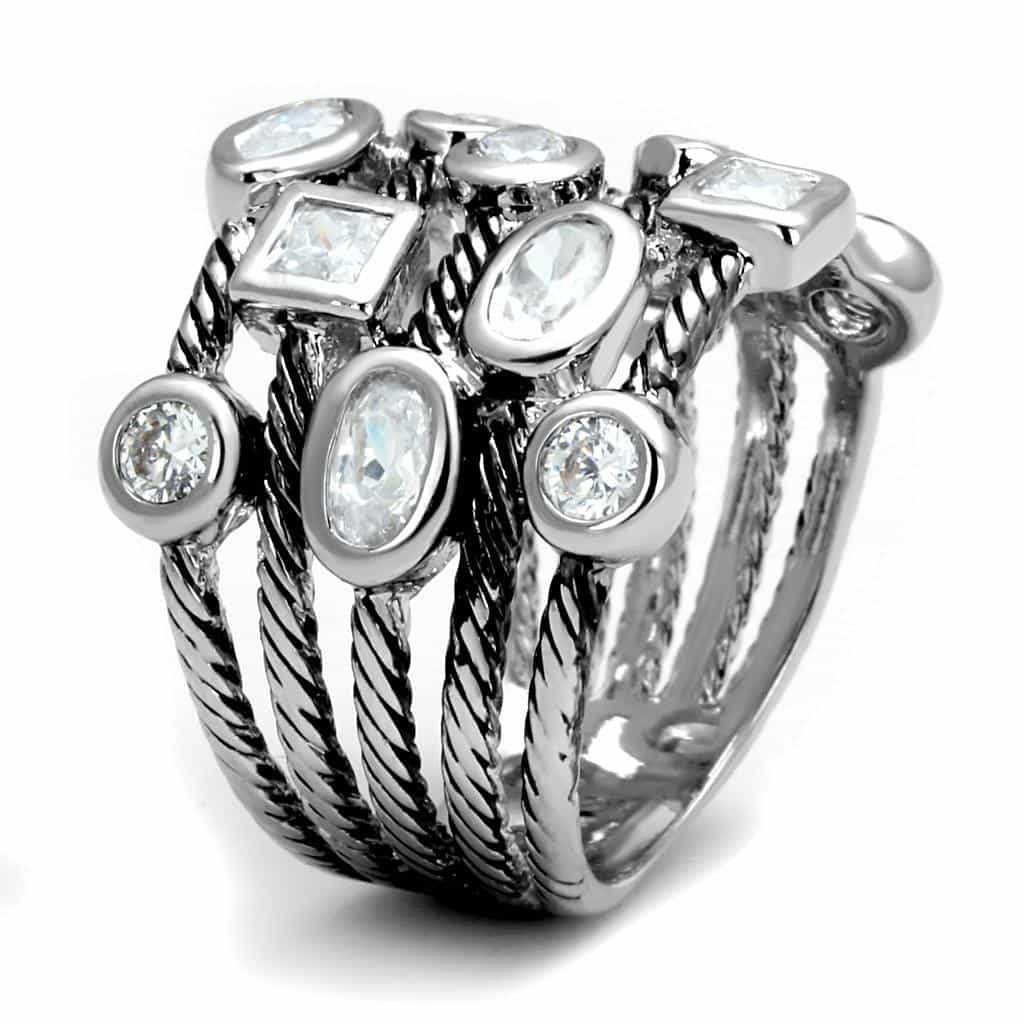 Brass Silver CZ Multi Shape Bezel Cable Wide Band Ring view 6