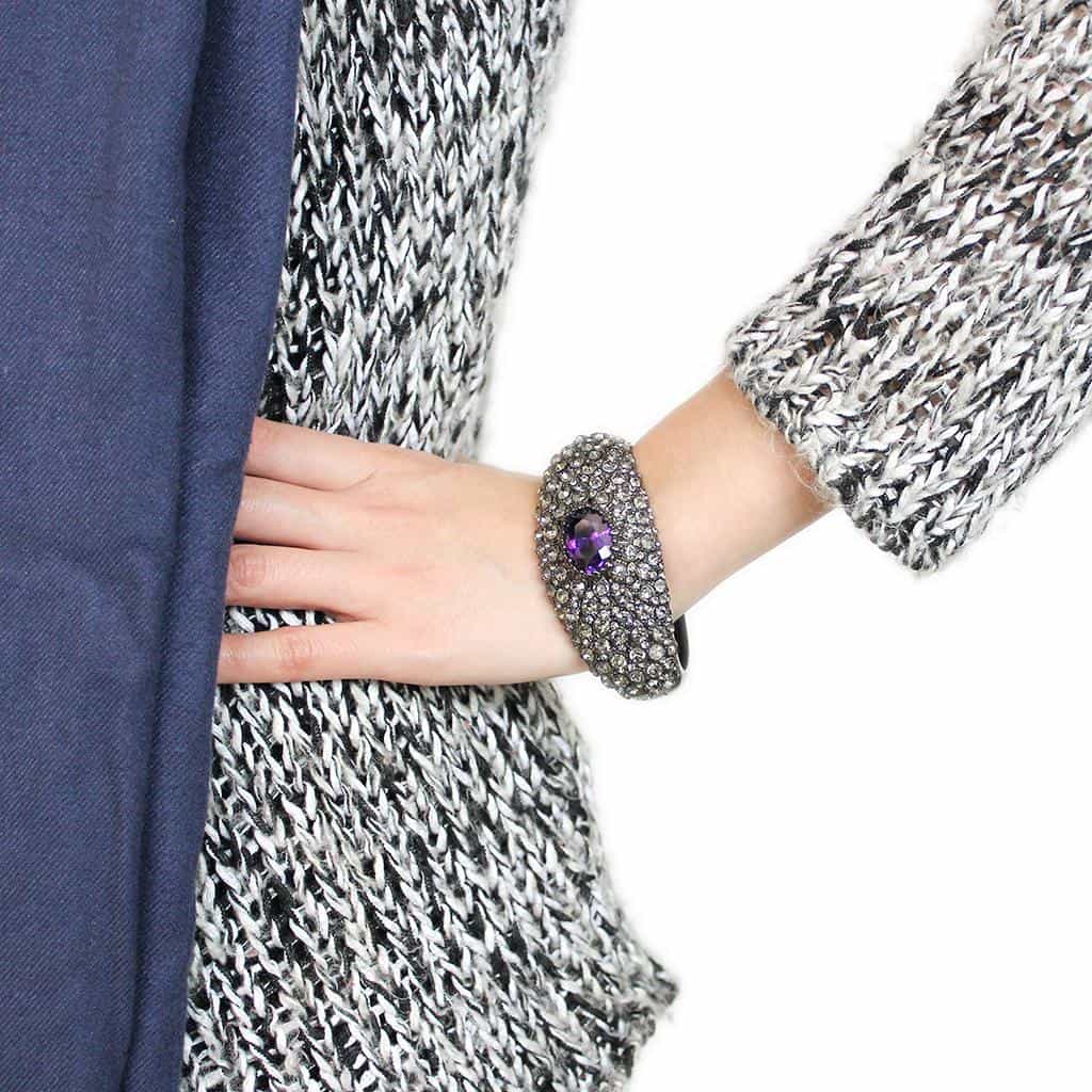 Brass Gunmetal Crystal Pave Amethyst Wide Bangle Bracelet view 10
