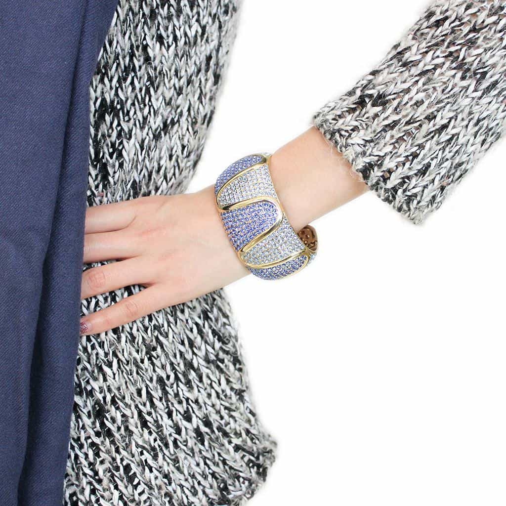 Brass Gold Blue Crystal Pave Crossover Bangle Bracelet view 10