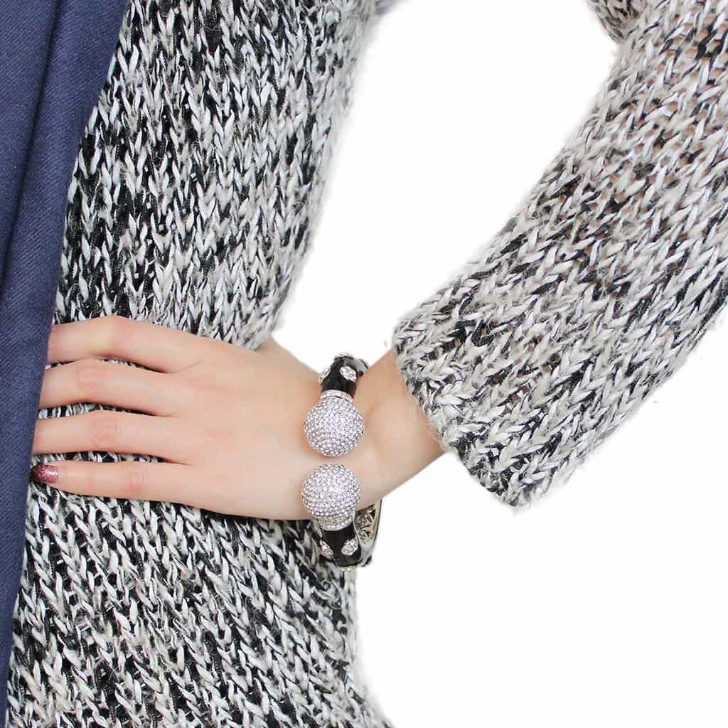 Brass Silver Black Enamel CZ Ball Clasp Bangle Bracelet view 10