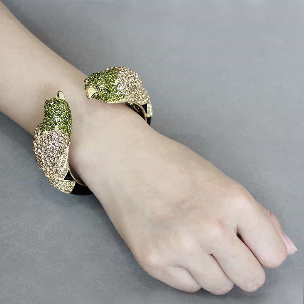 Brass Gold Green Crystal Frog Hinged Bangle Bracelet view 10