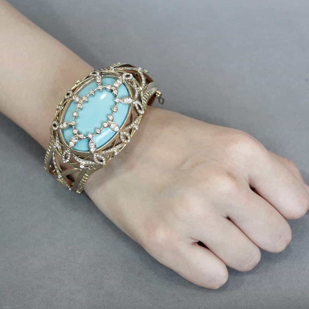 Brass Gold Teal Enamel CZ Lattice Filigree Hinged Bangle Bracelet view 10