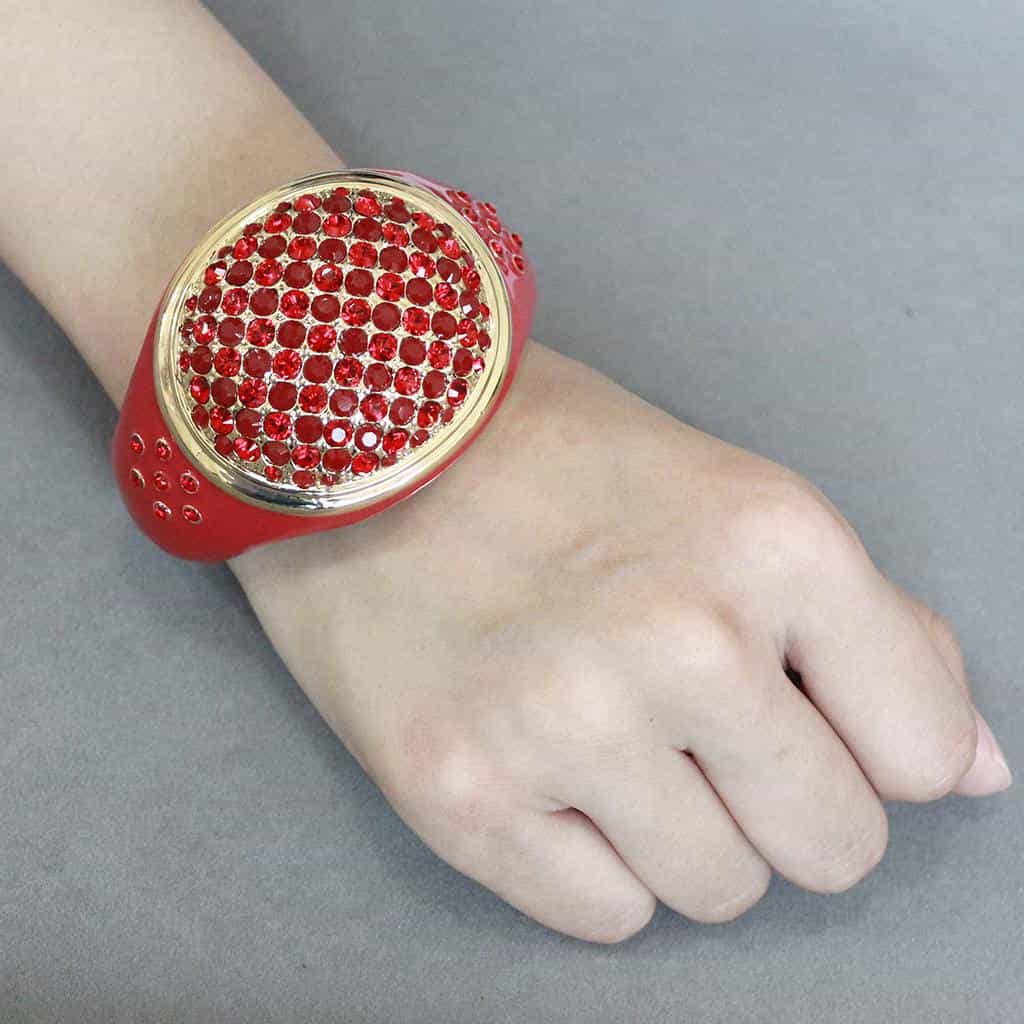 Brass Gold Red Enamel Crystal Pave Dome Bangle Bracelet LO4351 view 12