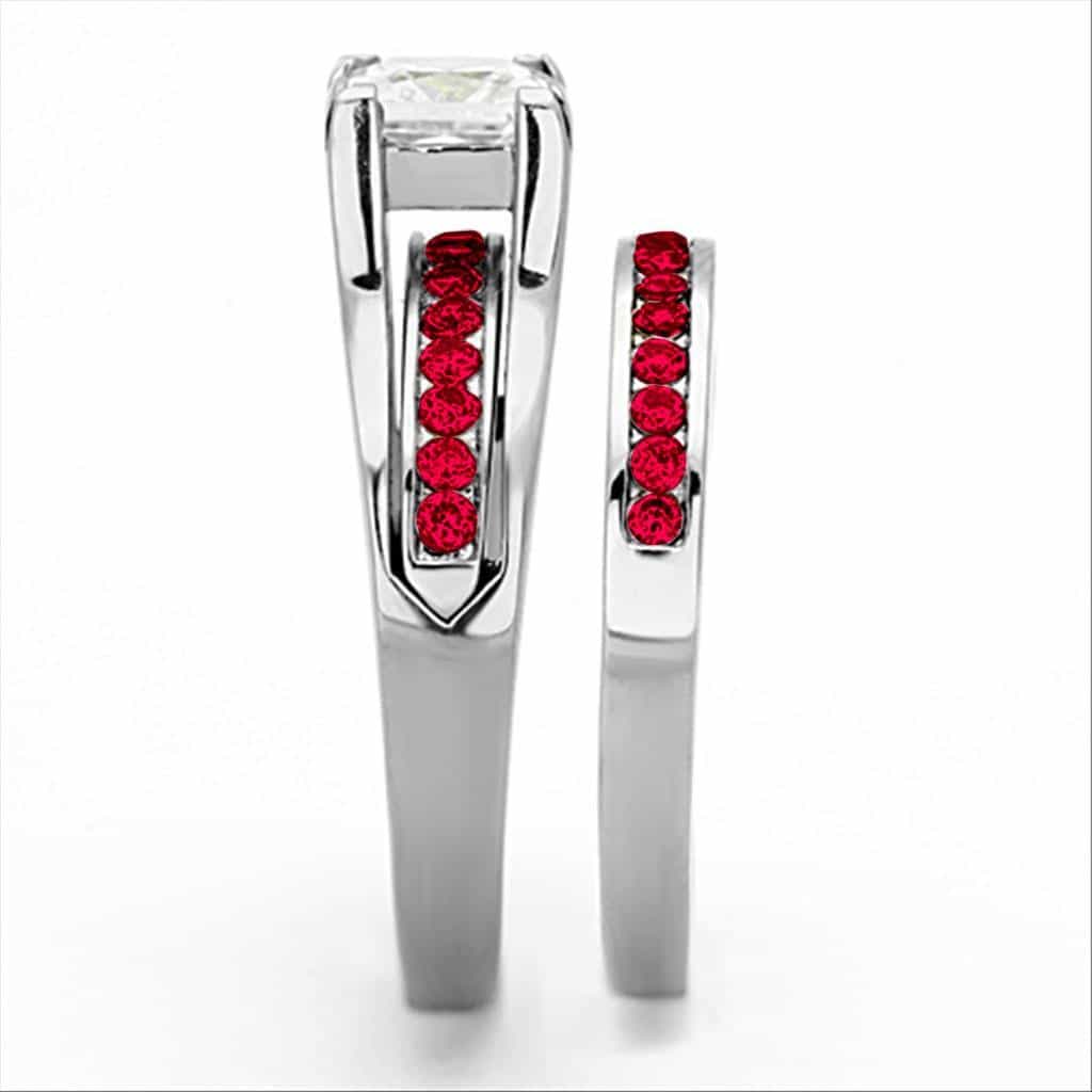 Stainless Steel Silver Red CZ Princess Channel Bridal Ring view 8