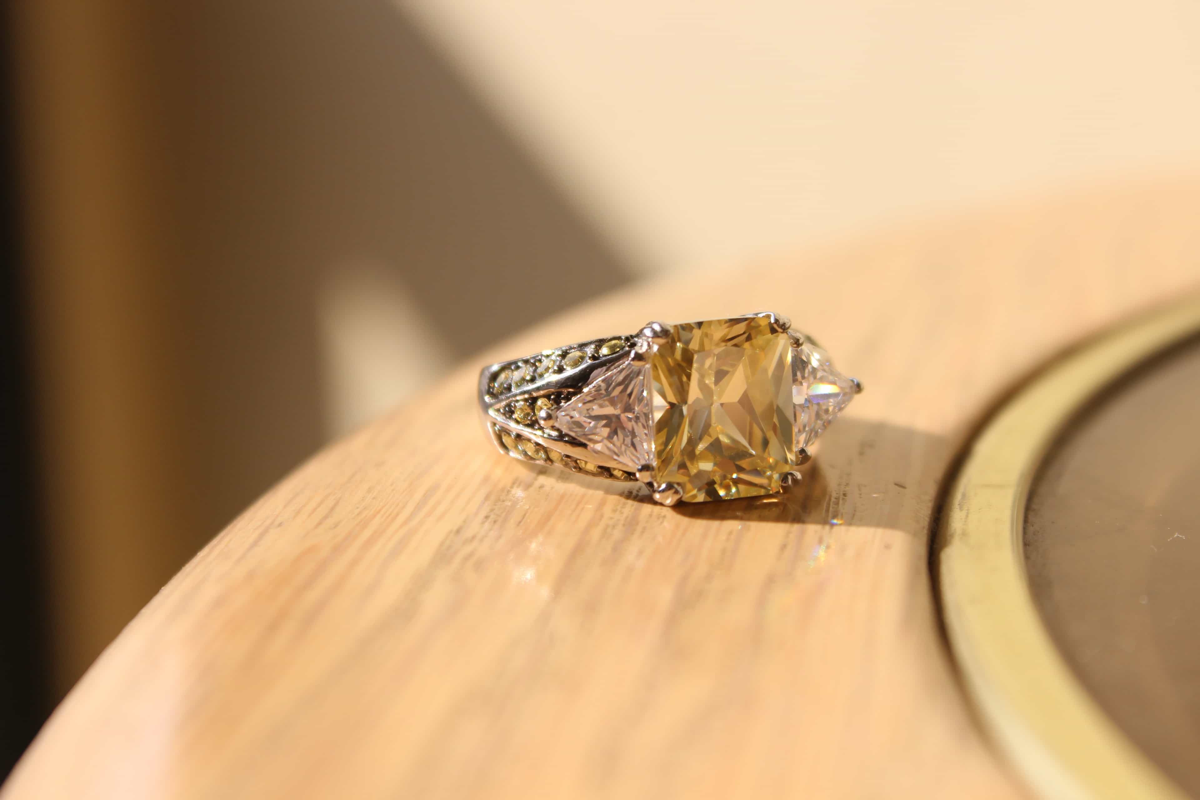 Sterling Silver Gold Champagne CZ Cushion Solitaire Cocktail Ring view 2
