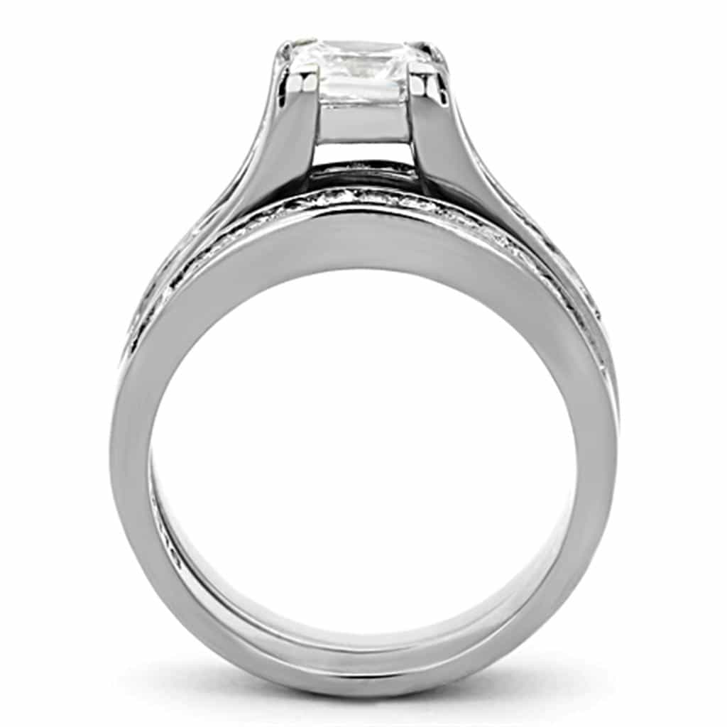 Stainless Steel CZ Princess Solitaire Channel Bridal Set Ring view 4