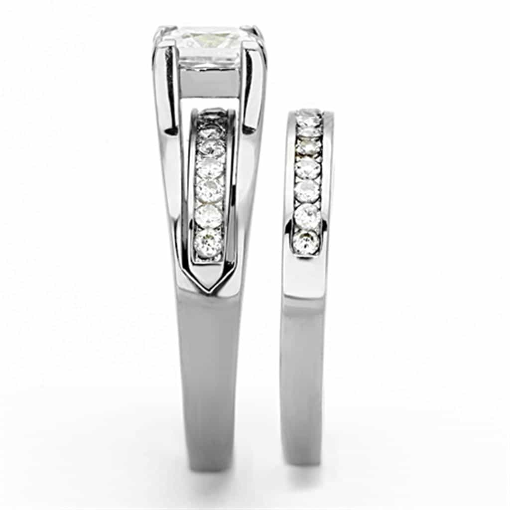 Stainless Steel CZ Princess Solitaire Channel Bridal Set Ring view 6