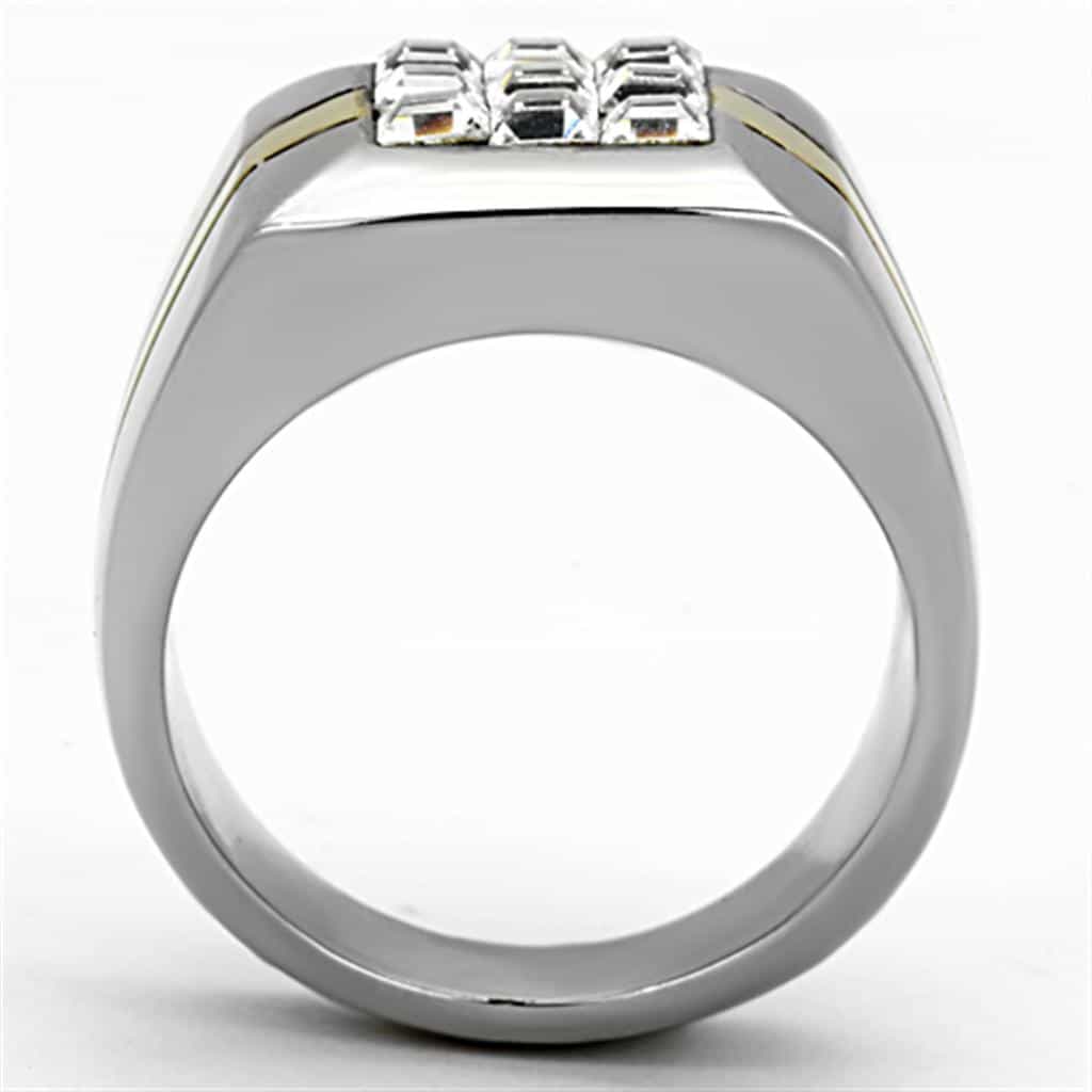 Stainless Steel Two Tone CZ Grid Mens Signet Ring view 6