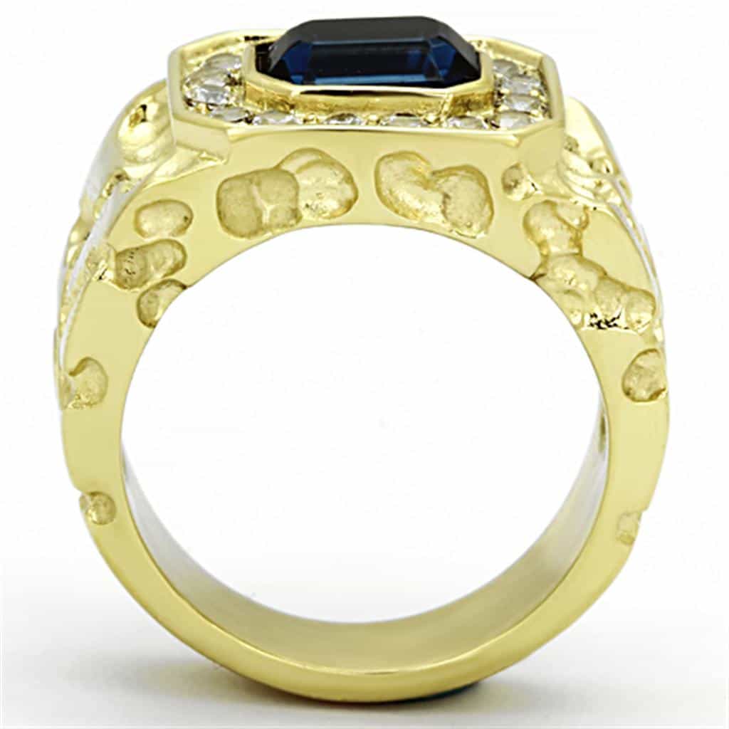 Stainless Steel Gold Blue Sapphire Emerald Cut CZ Halo Ring view 6