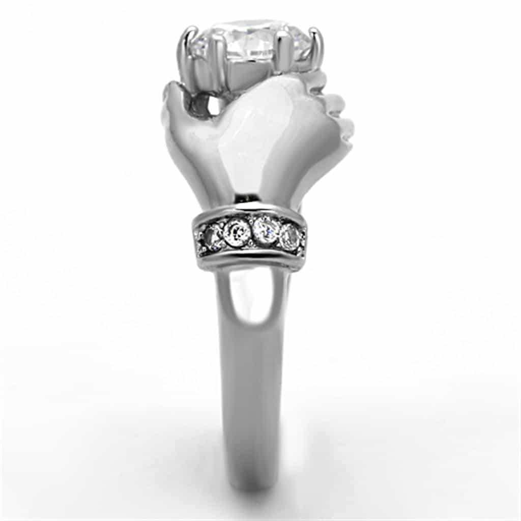 Stainless Steel CZ Round Solitaire Claddagh Hands Ring view 8