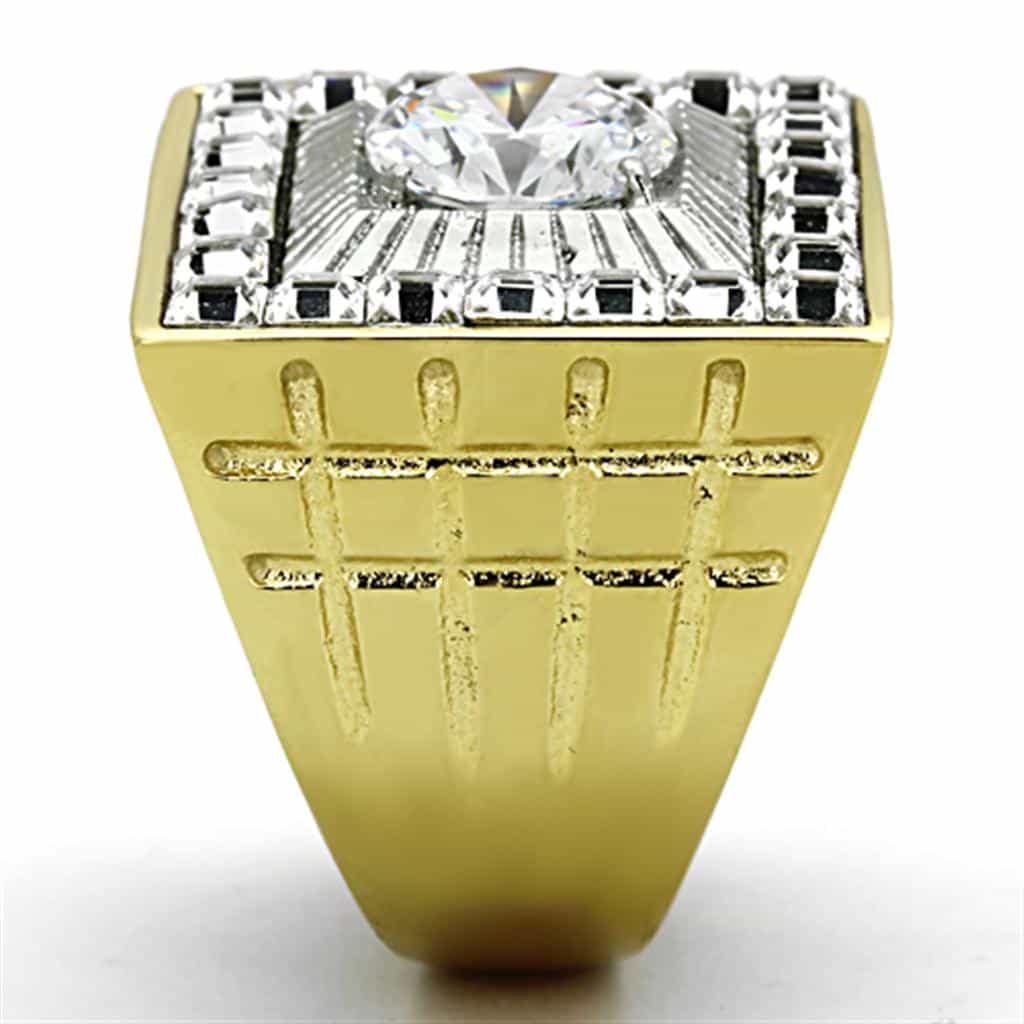 Stainless Steel Gold CZ Princess Sunburst Mens Signet Ring view 8
