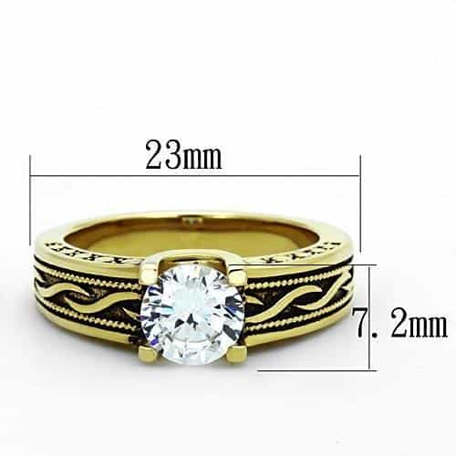 Stainless Steel Gold CZ Round Solitaire Engraved Shank Ring view 4