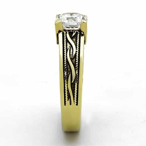 Stainless Steel Gold CZ Round Solitaire Engraved Shank Ring view 8