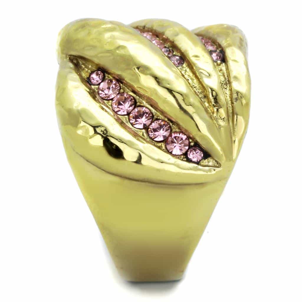 Stainless Steel Gold Hammered Pink Crystal Swirl Dome Ring view 8