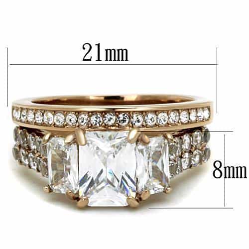 Stainless Steel Rose Gold CZ Emerald Cut Pave Bridal Set Ring view 4