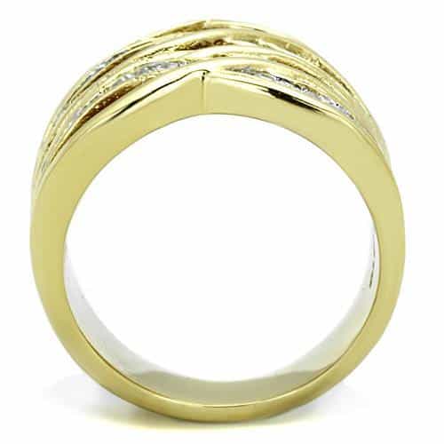 Stainless Steel Gold CZ Pave Multi Wave Crossover Wide Ring view 6