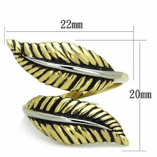Stainless Steel Gold Antiqued Feather Leaf Bypass Wrap Ring view 4