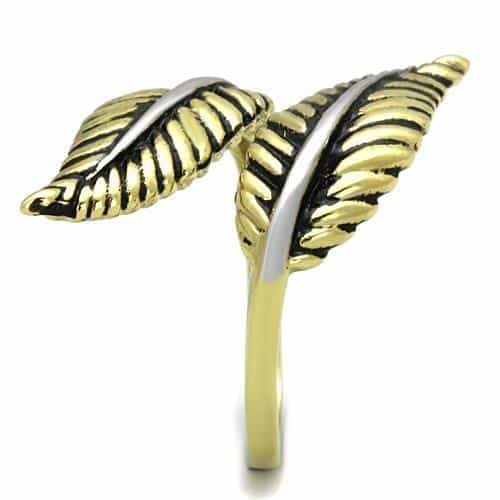 Stainless Steel Gold Antiqued Feather Leaf Bypass Wrap Ring view 8