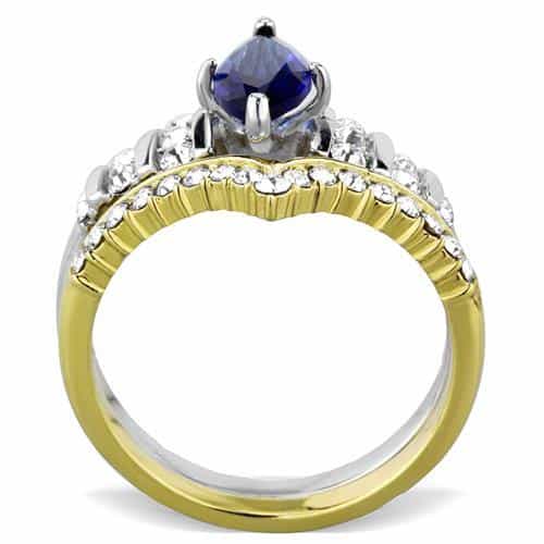 Stainless Steel Blue Sapphire Marquise CZ Chevron Bridal Set Ring view 6