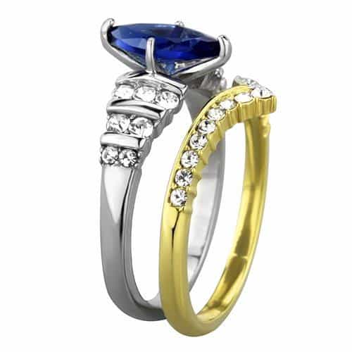 Stainless Steel Blue Sapphire Marquise CZ Chevron Bridal Set Ring view 8