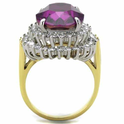 Stainless Steel Amethyst Purple Oval CZ Double Halo Ring view 6