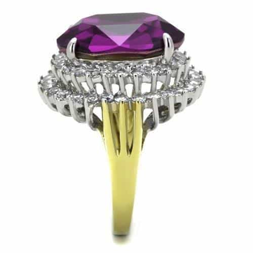 Stainless Steel Amethyst Purple Oval CZ Double Halo Ring view 8