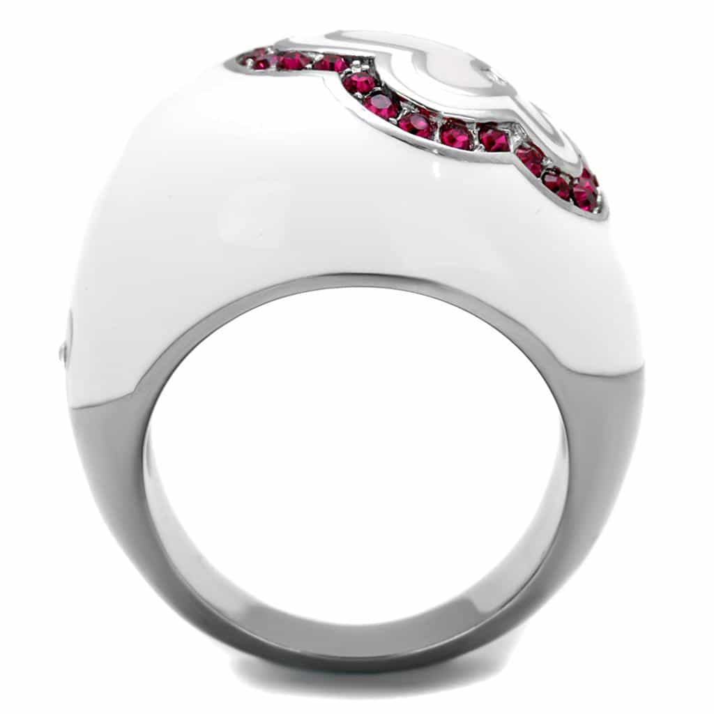 Stainless Steel White Enamel Pink Butterfly Ruby Pave Dome Ring view 6