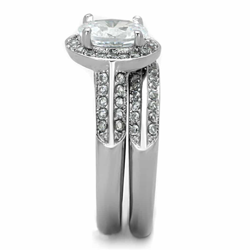 Stainless Steel CZ Oval Halo Pave Bridal Set Ring view 8