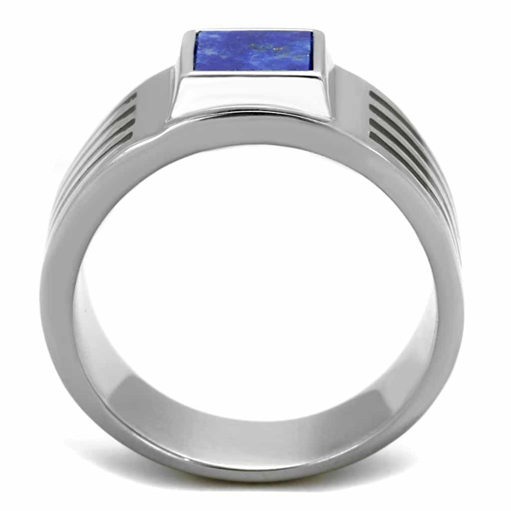 Stainless Steel Blue Lapis Lazuli Square Mens Signet Stripe Ring view 6