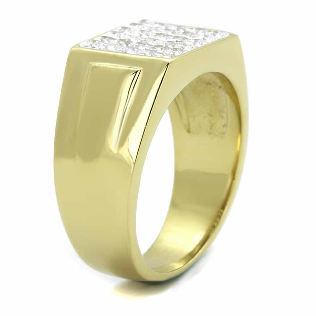 Stainless Steel Gold IP CZ Princess Grid Pave Mens Signet Ring view 8