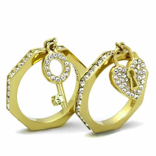 Stainless Steel Gold IP CZ Circle Padlock Keyhole Cocktail Ring view 8