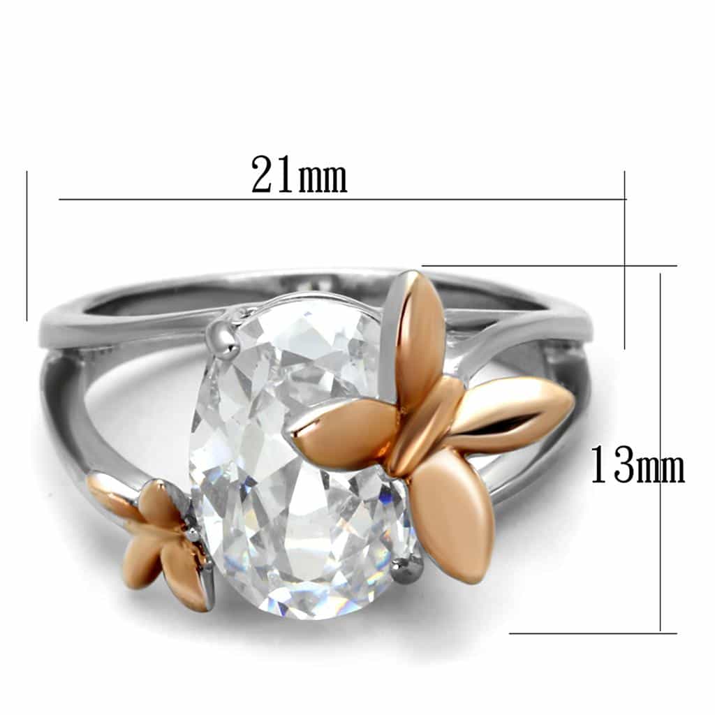 Stainless Steel CZ Oval Rose Gold Butterfly Accent Ring view 4