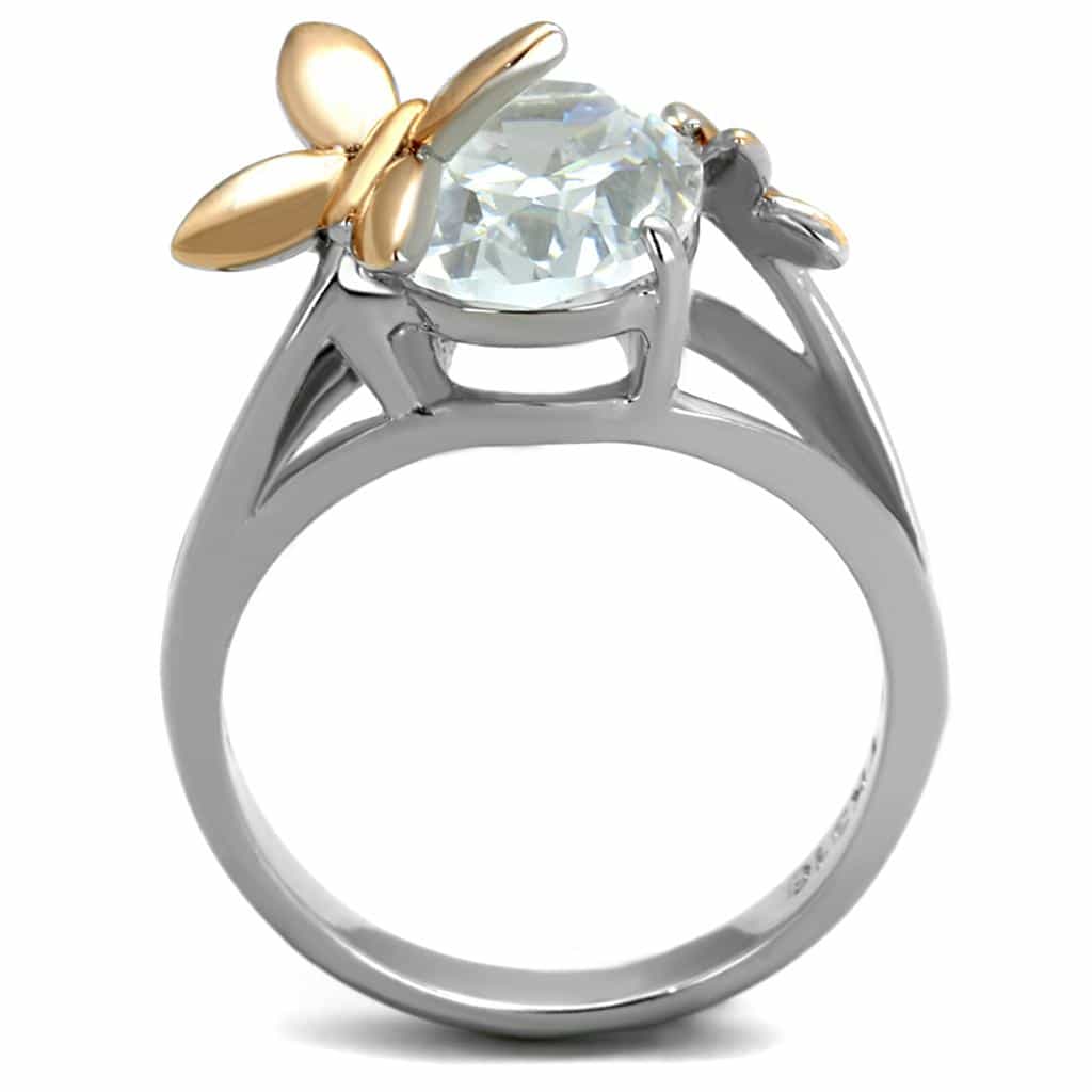 Stainless Steel CZ Oval Rose Gold Butterfly Accent Ring view 6