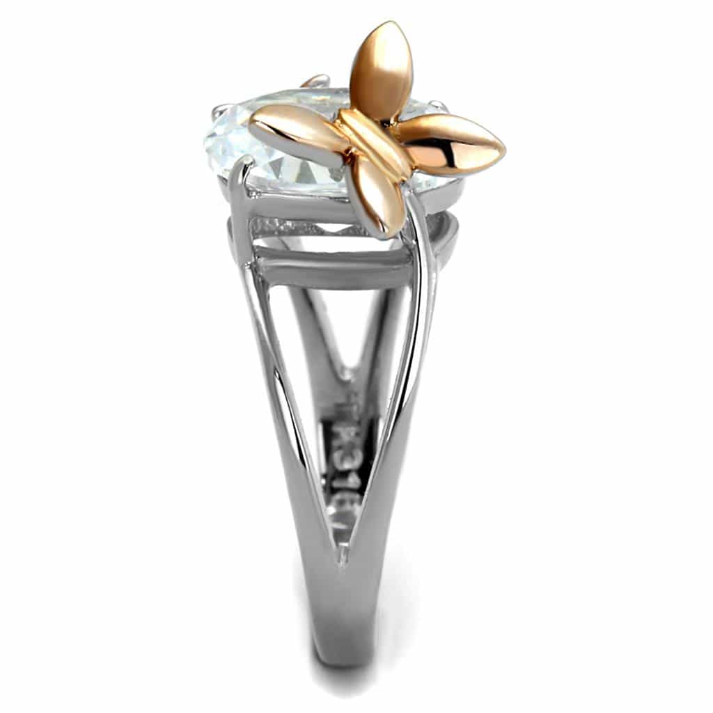 Stainless Steel CZ Oval Rose Gold Butterfly Accent Ring view 8