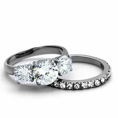 Stainless Steel CZ Three Stone Round Pave Bridal Set Ring view 3