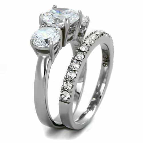 Stainless Steel CZ Three Stone Round Pave Bridal Set Ring view 7