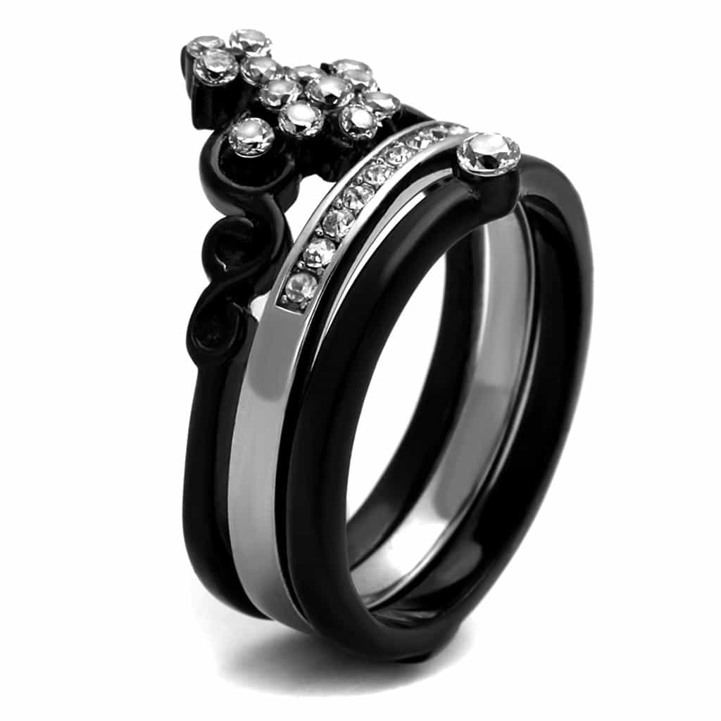 Stainless Steel Black IP CZ Flower Cross Channel Two Tone Ring view 8
