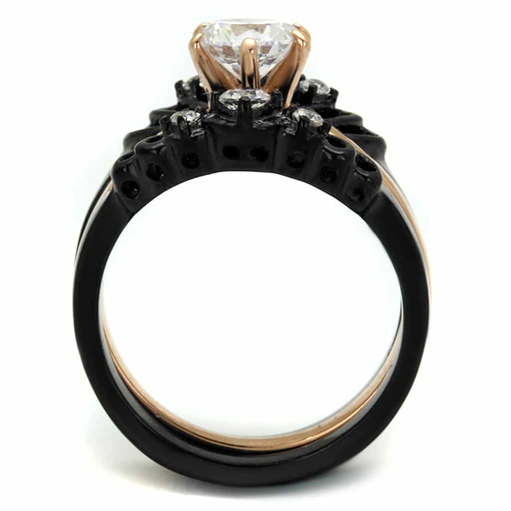 Stainless Steel Black IP Rose Gold CZ Round Filigree Bridal Ring view 6