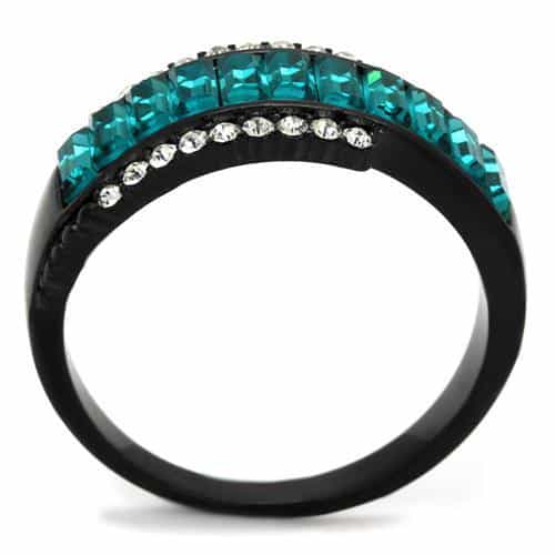 Stainless Steel Black IP Teal Blue Baguette Channel CZ Pave Ring view 6