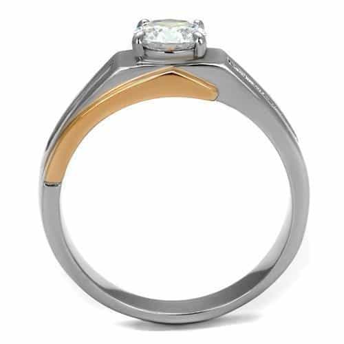 Stainless Steel Two Tone Rose Gold CZ Round Bezel Pave Mens Ring view 6