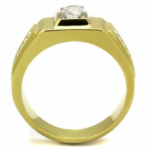 Stainless Steel Gold IP CZ Round Square Bezel Pave Mens Ring view 6