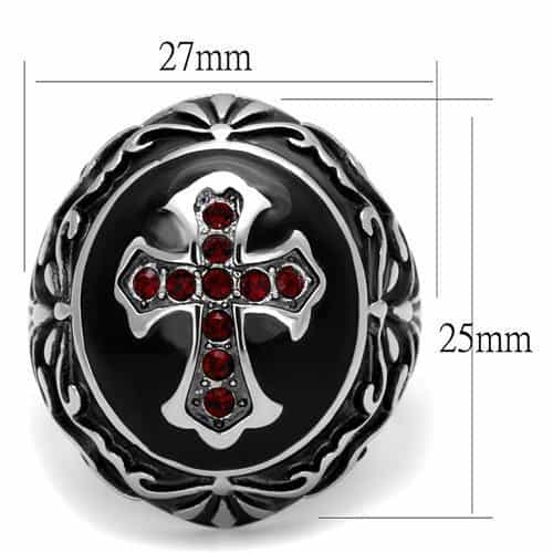 Stainless Steel Red Garnet CZ Gothic Cross Ornate Dome Ring view 4
