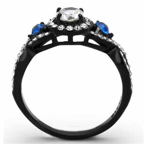 Stainless Steel Black IP CZ Round Halo Sapphire Accent Ring view 6