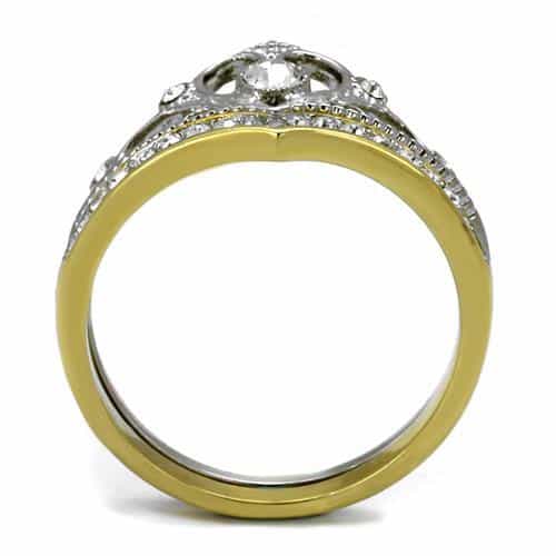 Stainless Steel Two Tone Silver Gold CZ Crown Tiara Bridal Ring view 6