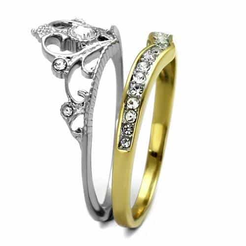 Stainless Steel Two Tone Silver Gold CZ Crown Tiara Bridal Ring view 8