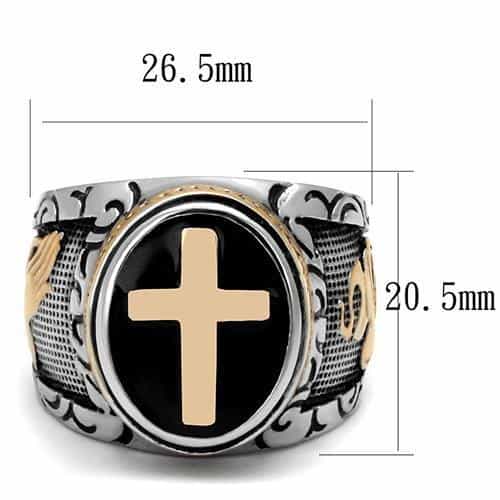 Stainless Steel Two Tone Gold Cross Black Enamel Scroll Ring view 4