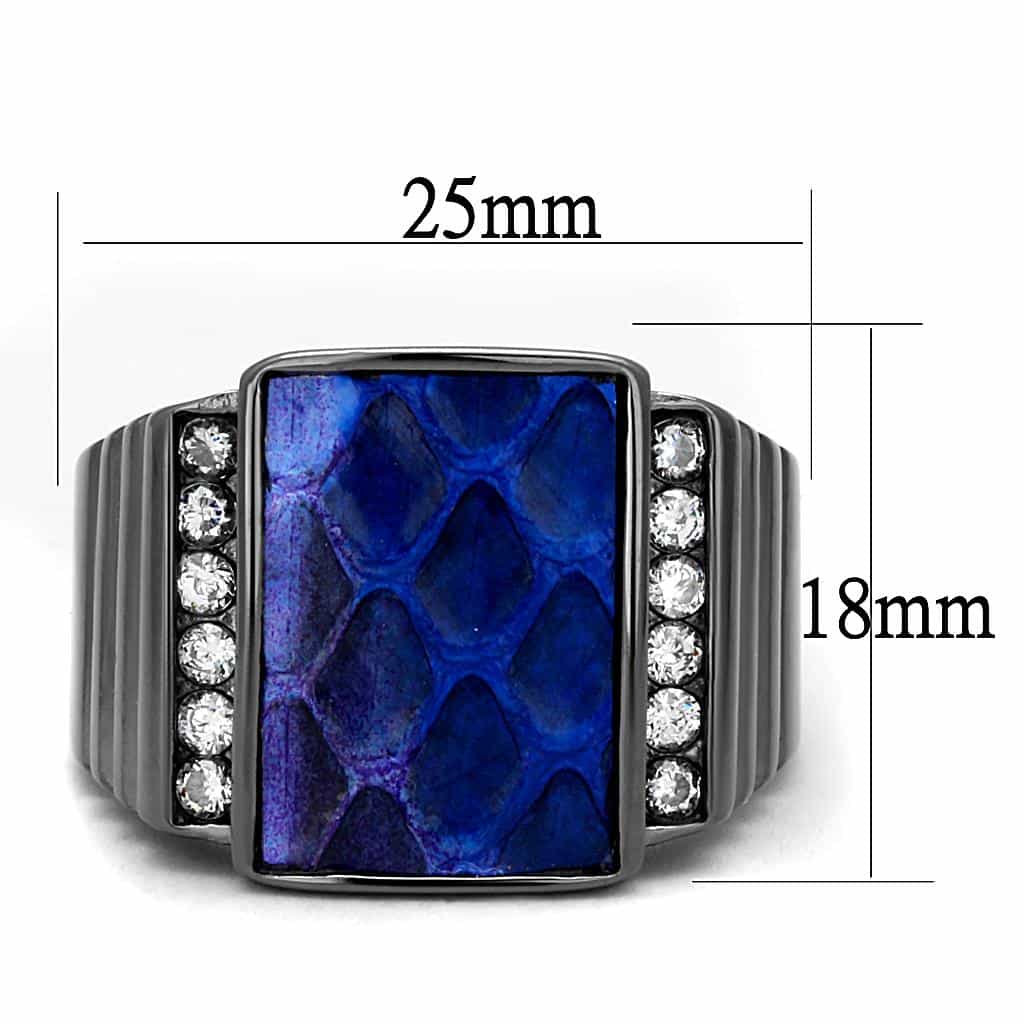 Stainless Steel Dark Gunmetal Blue Snakeskin Inlay CZ Square Ring view 4